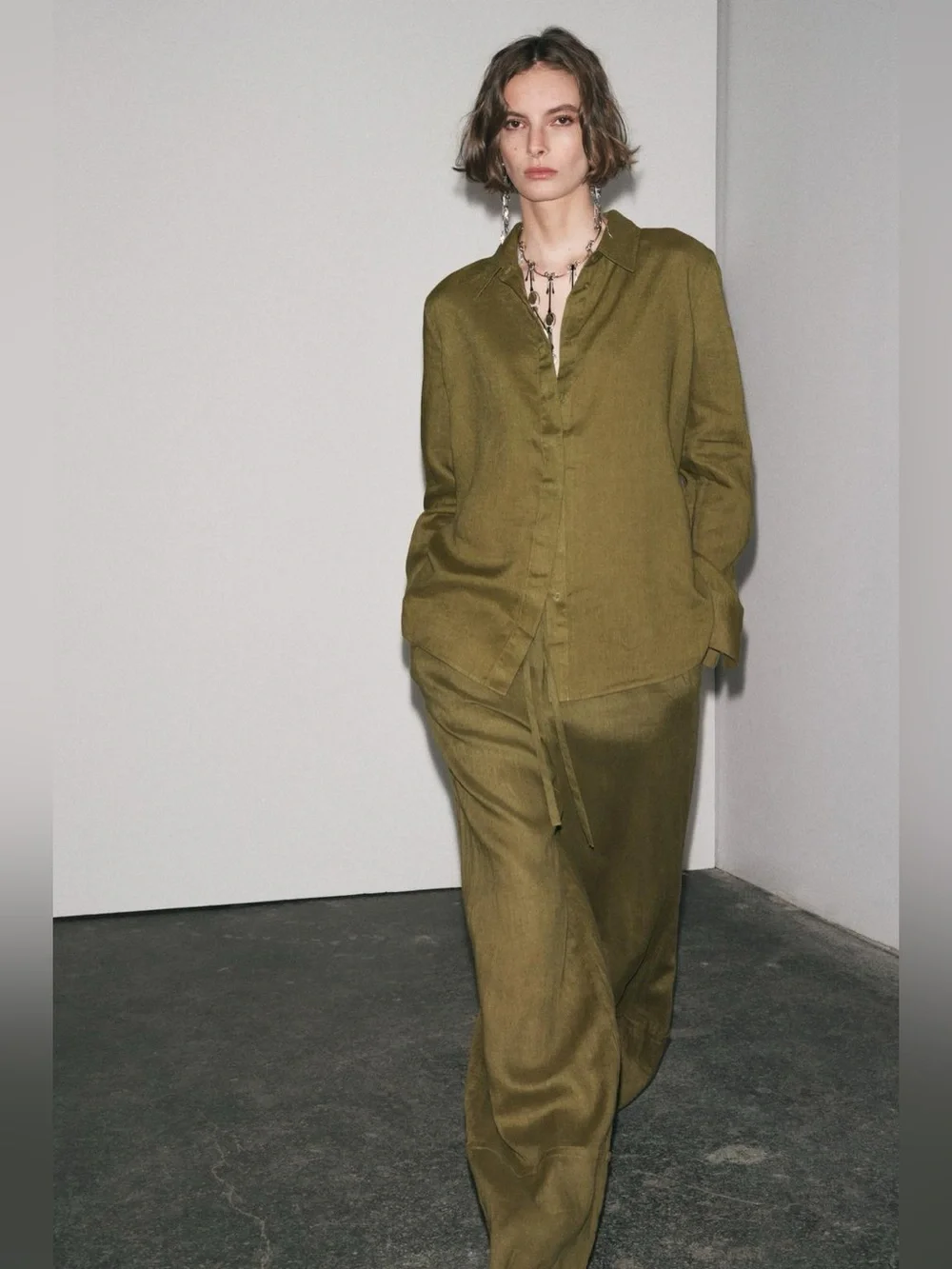 Zara 100% Linen  Button-Up Top and Wide Leg Pants Set